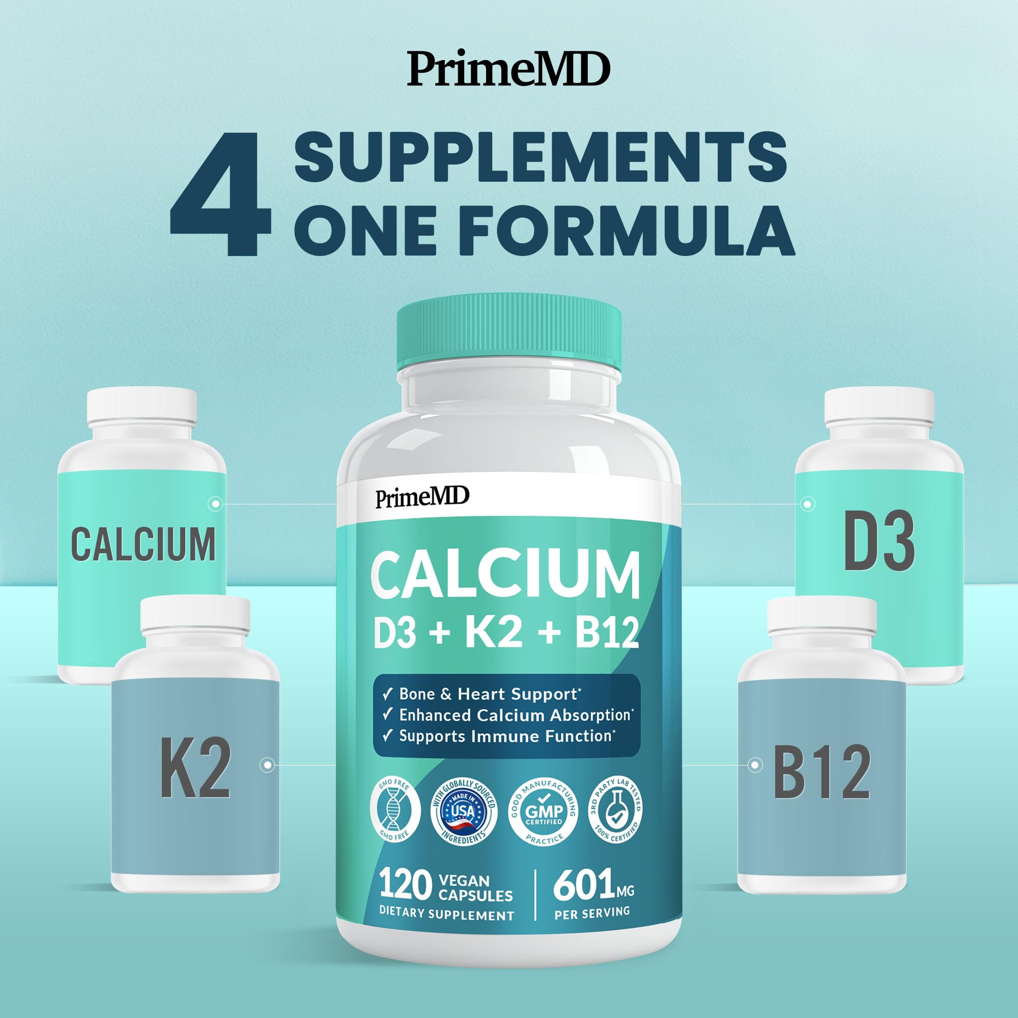 PrimeMD bottle back shows calcium, D3, K2 profile for bone support