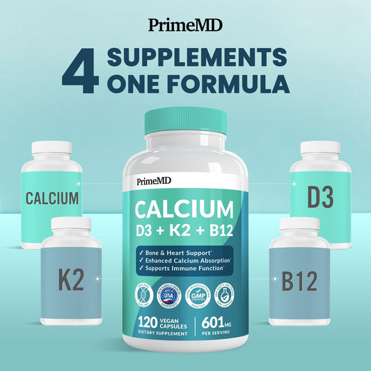 PrimeMD bottle back shows calcium, D3, K2 profile for bone support