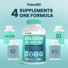 PrimeMD bottle back shows calcium, D3, K2 profile for bone support