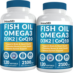 PrimeMD 5-in-1 fish oil bottle lemon, easy daily use for heart and brain support.