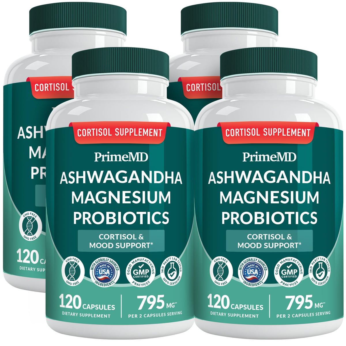 PrimeMD 5-in-1 cortisol supplement bottle front for calm, focus, and balance.