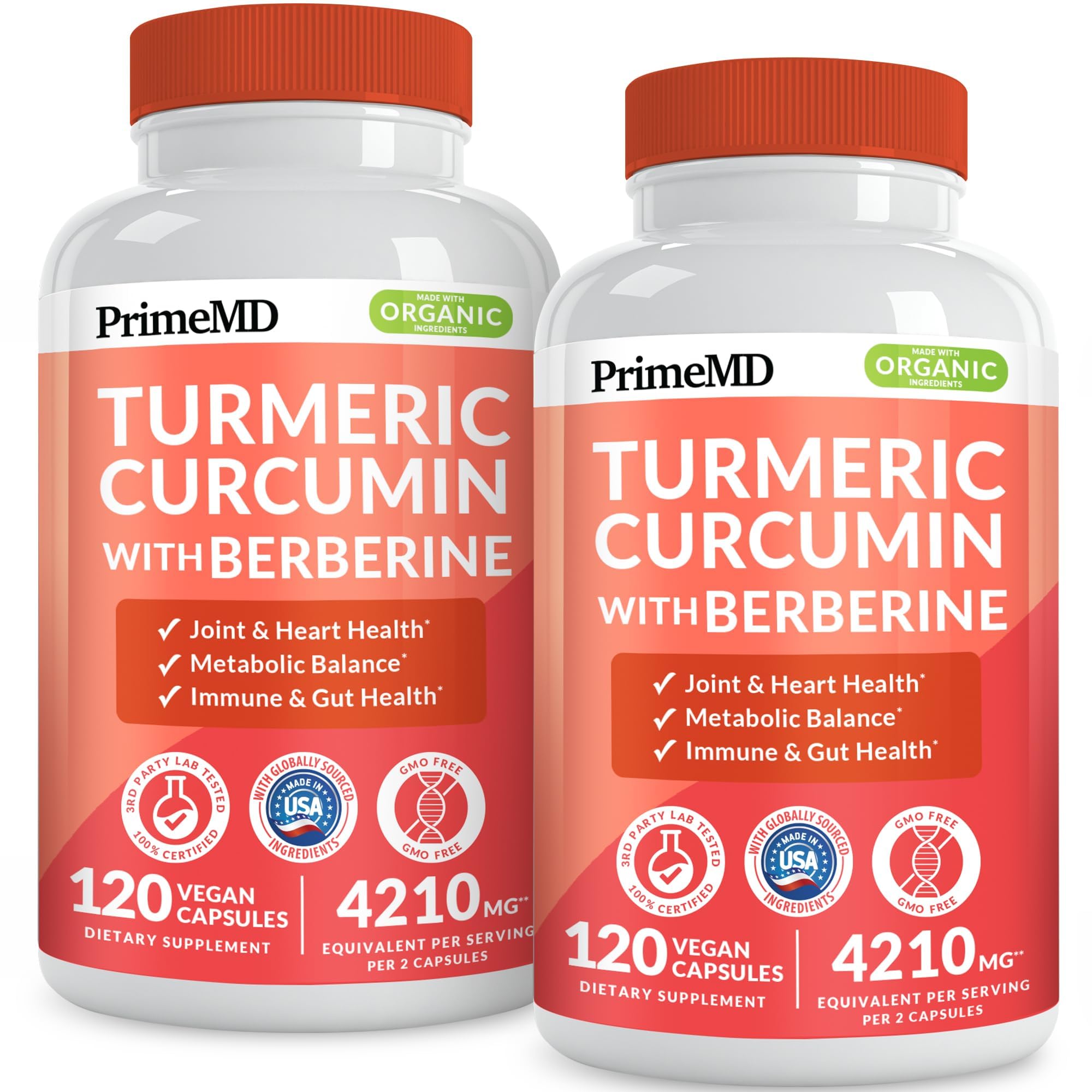 PrimeMD 5-in-1 turmeric bottle label highlights a premium blend for daily wellness.