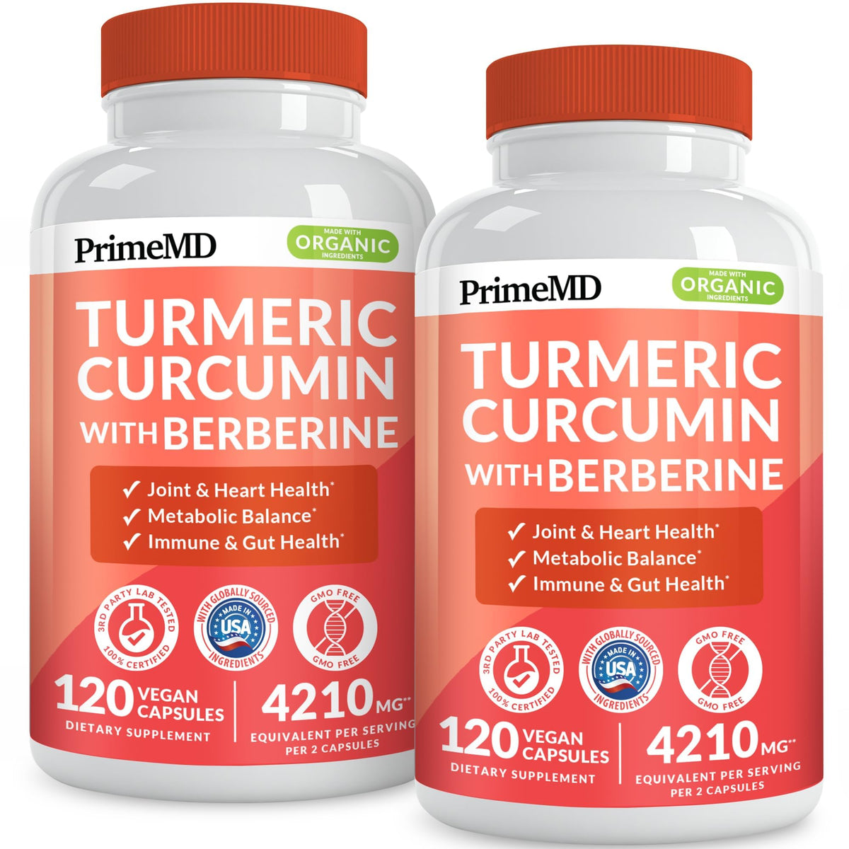 PrimeMD 5-in-1 turmeric bottle label highlights a premium blend for daily wellness.