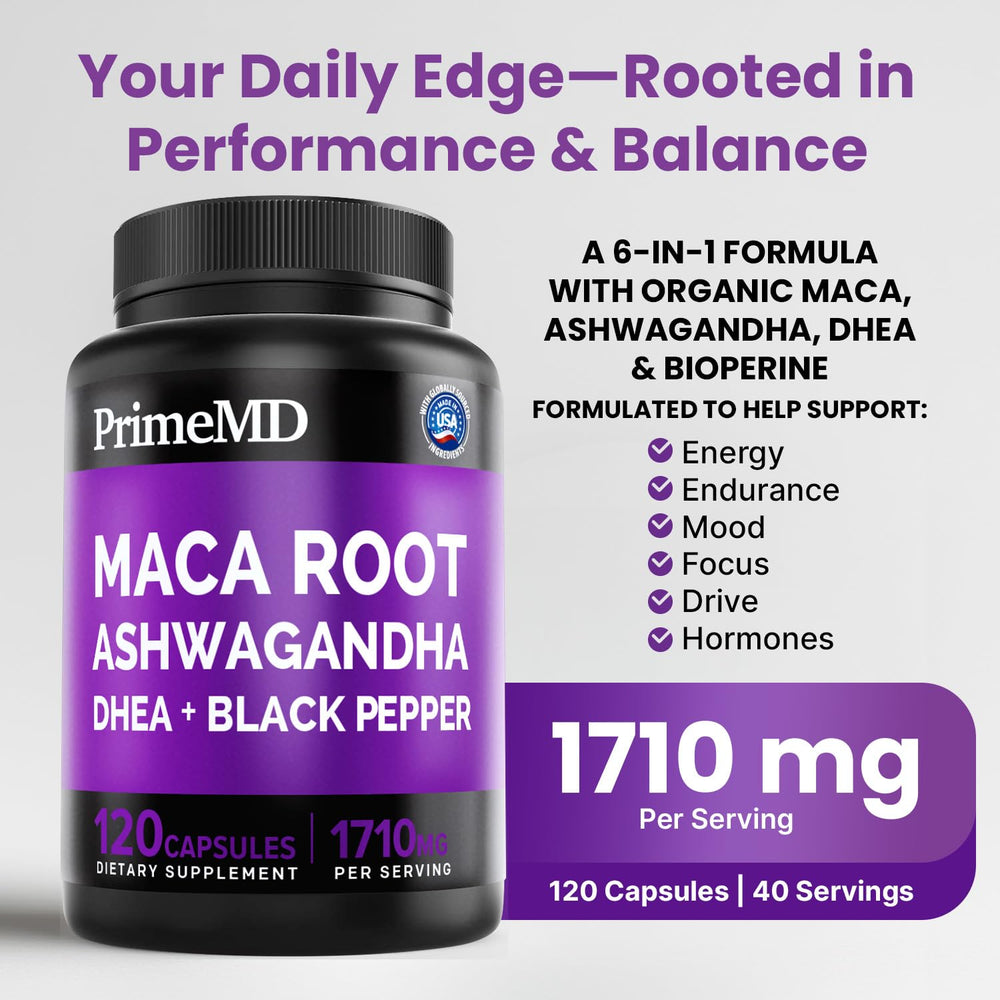 PrimeMD maca capsules in bottle for convenient daily use.