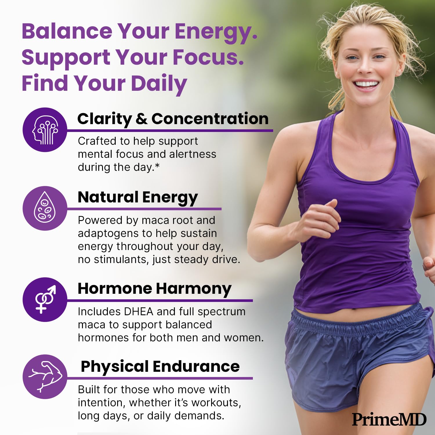 PrimeMD maca bottle highlighting DHEA ingredient and hormonal support.