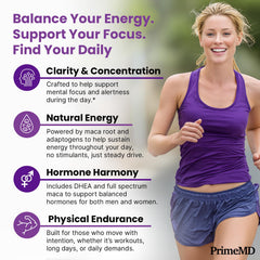 PrimeMD maca bottle highlighting DHEA ingredient and hormonal support.