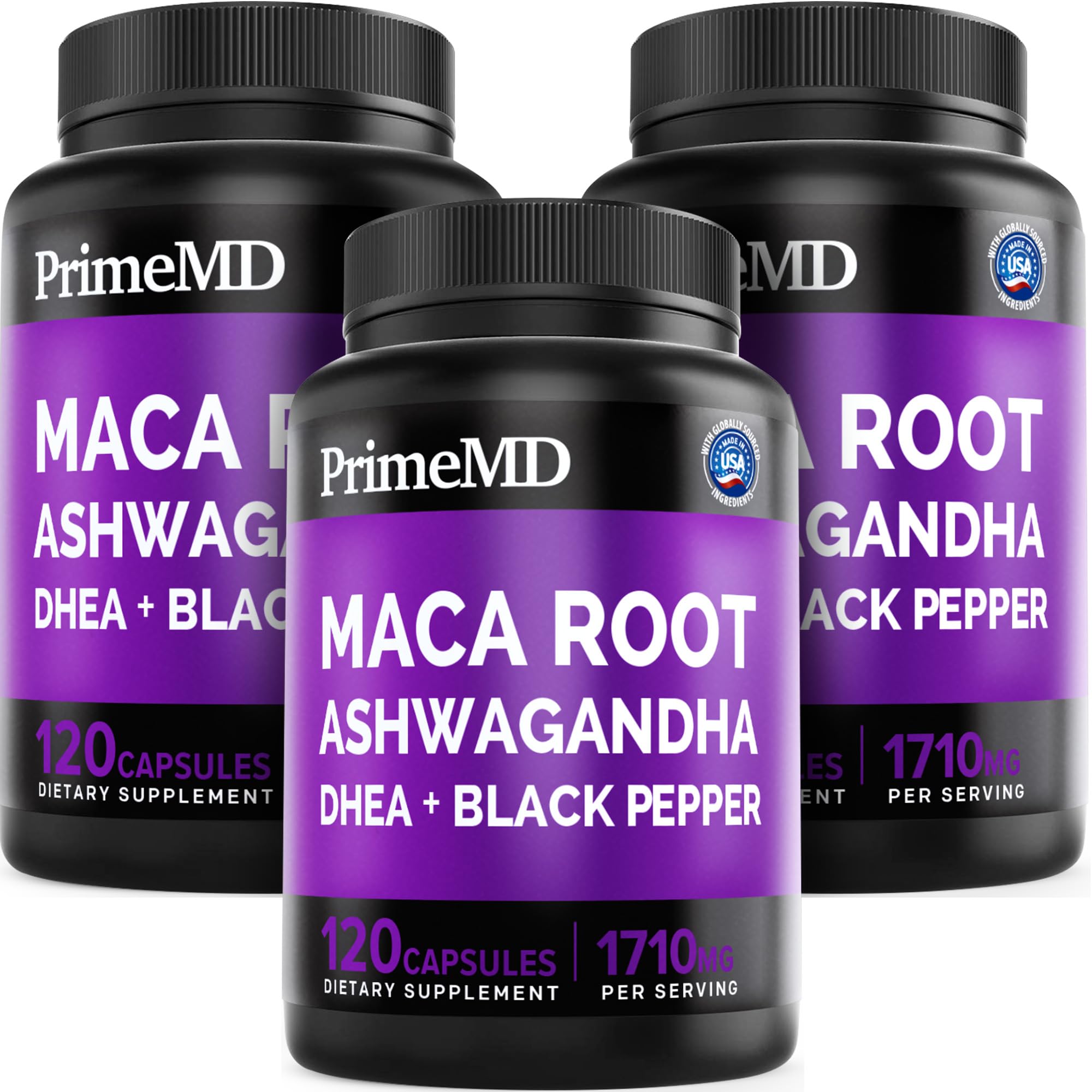 PrimeMD 6in1 organic maca bottle close-up for sustained energy support.
