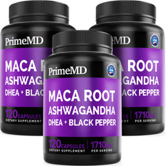 PrimeMD 6in1 organic maca bottle close-up for sustained energy support.