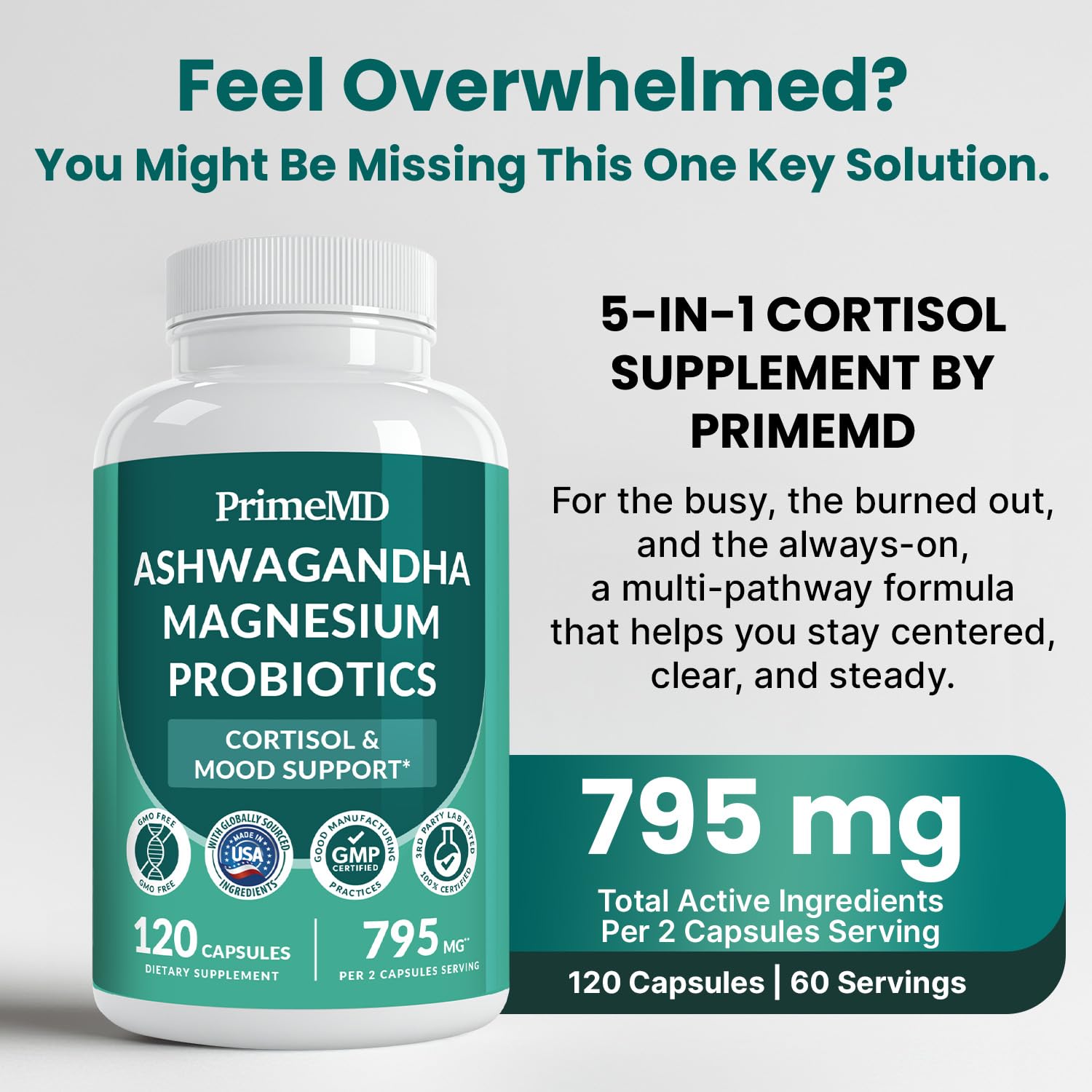 PrimeMD Ashwagandha capsules close-up for stress support.