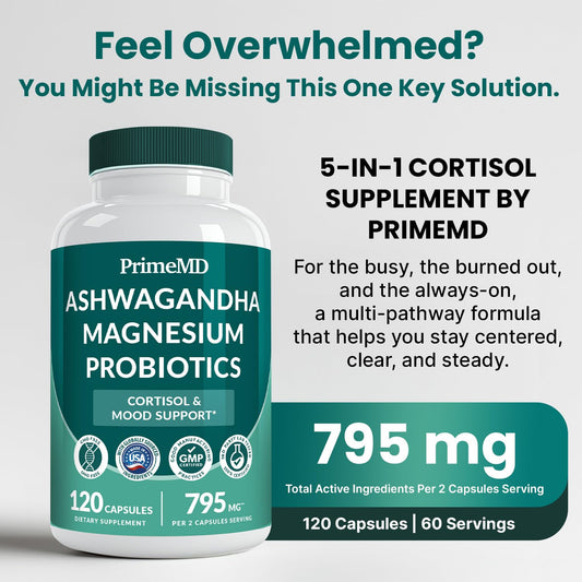 PrimeMD ashwagandha capsules close-up highlighting daily adaptogen support.