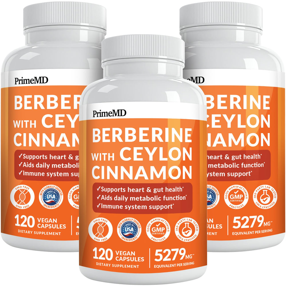 PrimeMD Berberine Cinnamon bottle – 21-in-1 formula for daily energy support.