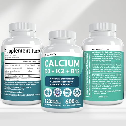 PrimeMD calcium ingredients panel shows D3 and K2 vitamins.