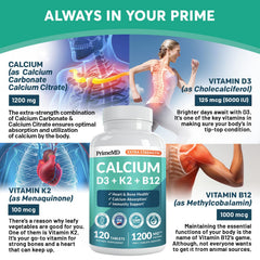 PrimeMD ingredients label highlighting calcium citrate, calcium carbonate, D3, K2 and B12