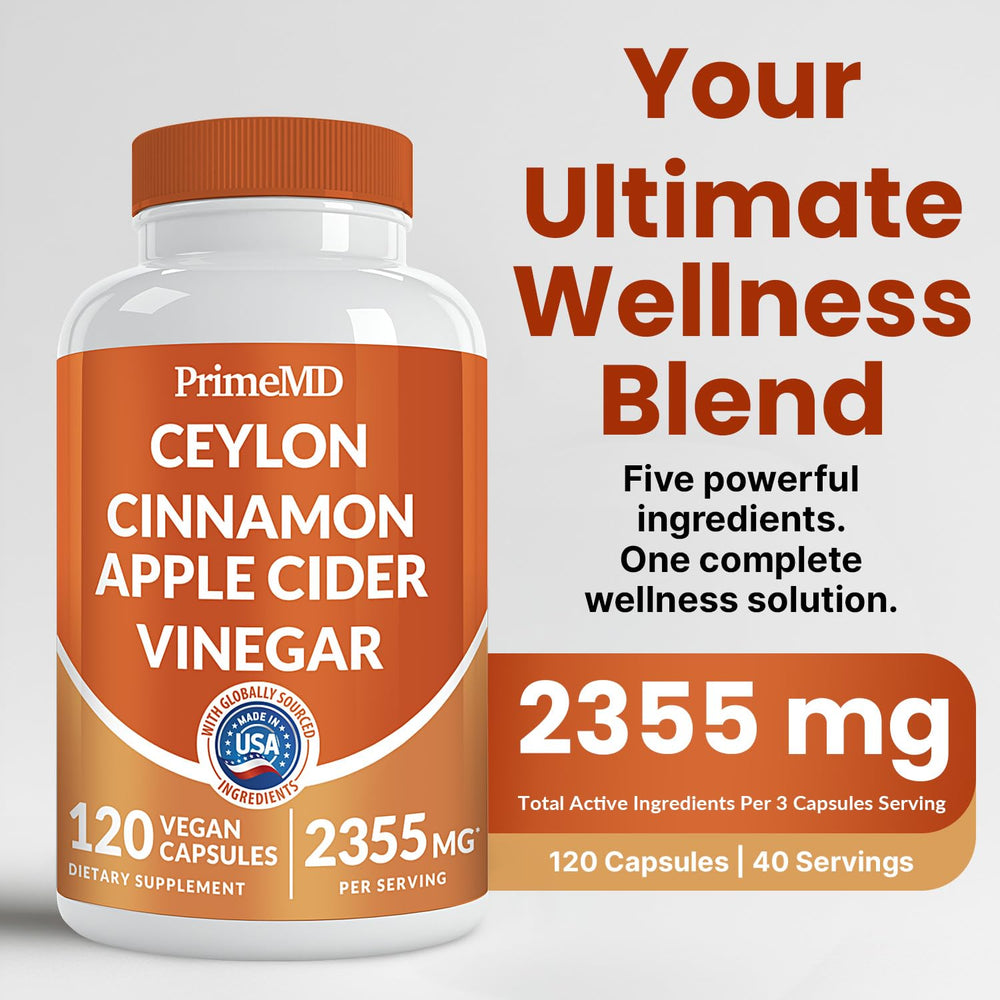 PrimeMD ingredients panel lists cinnamon, ACV, turmeric, ginseng, Bioperine