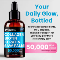 PrimeMD liquid collagen drops being poured for easy daily use in beauty routine.
