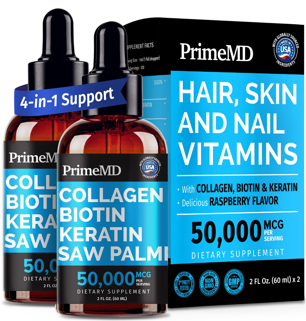 PrimeMD liquid collagen peptides for women bottle close-up highlighting nourishment for hair, skin, and nails.
