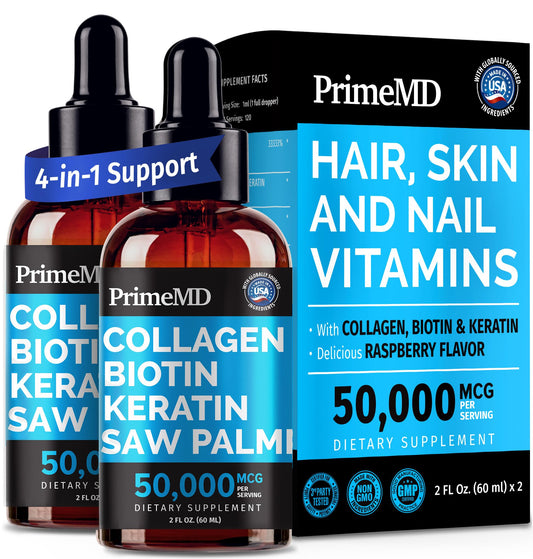 PrimeMD liquid collagen peptides for women bottle close-up highlighting nourishment for hair, skin, and nails.
