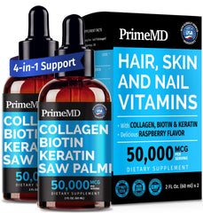 PrimeMD liquid collagen peptides for women bottle close-up highlighting nourishment for hair, skin, and nails.