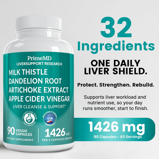 PrimeMD liver support ingredients label highlighting milk thistle and artichoke.
