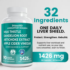 PrimeMD liver support ingredients label highlighting milk thistle and artichoke.