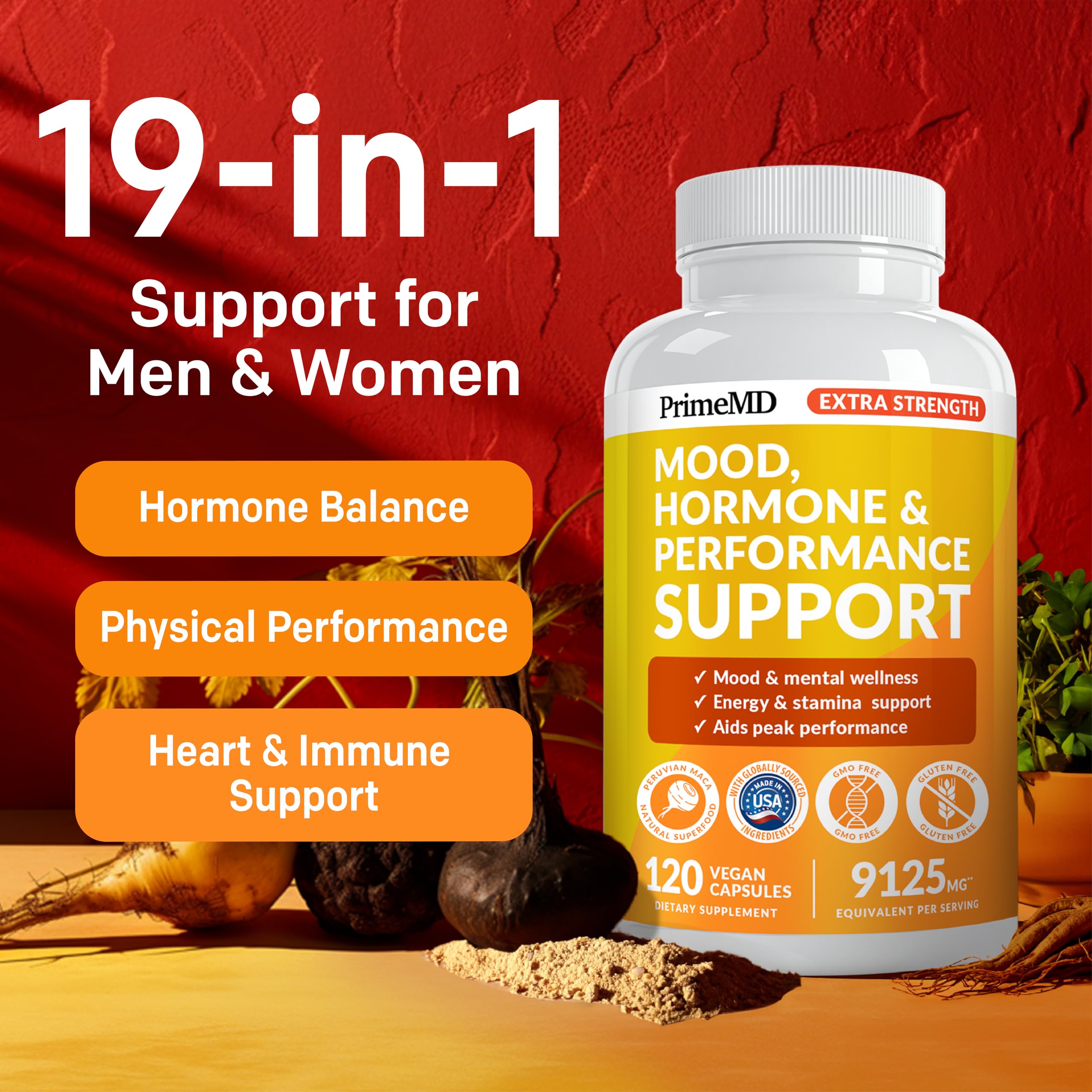PrimeMD maca root capsules close-up for on-the-go support.