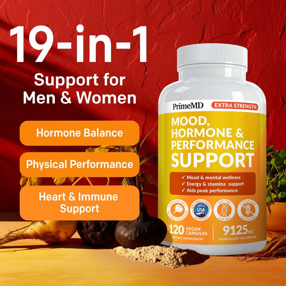PrimeMD maca root capsules close-up for on-the-go support.
