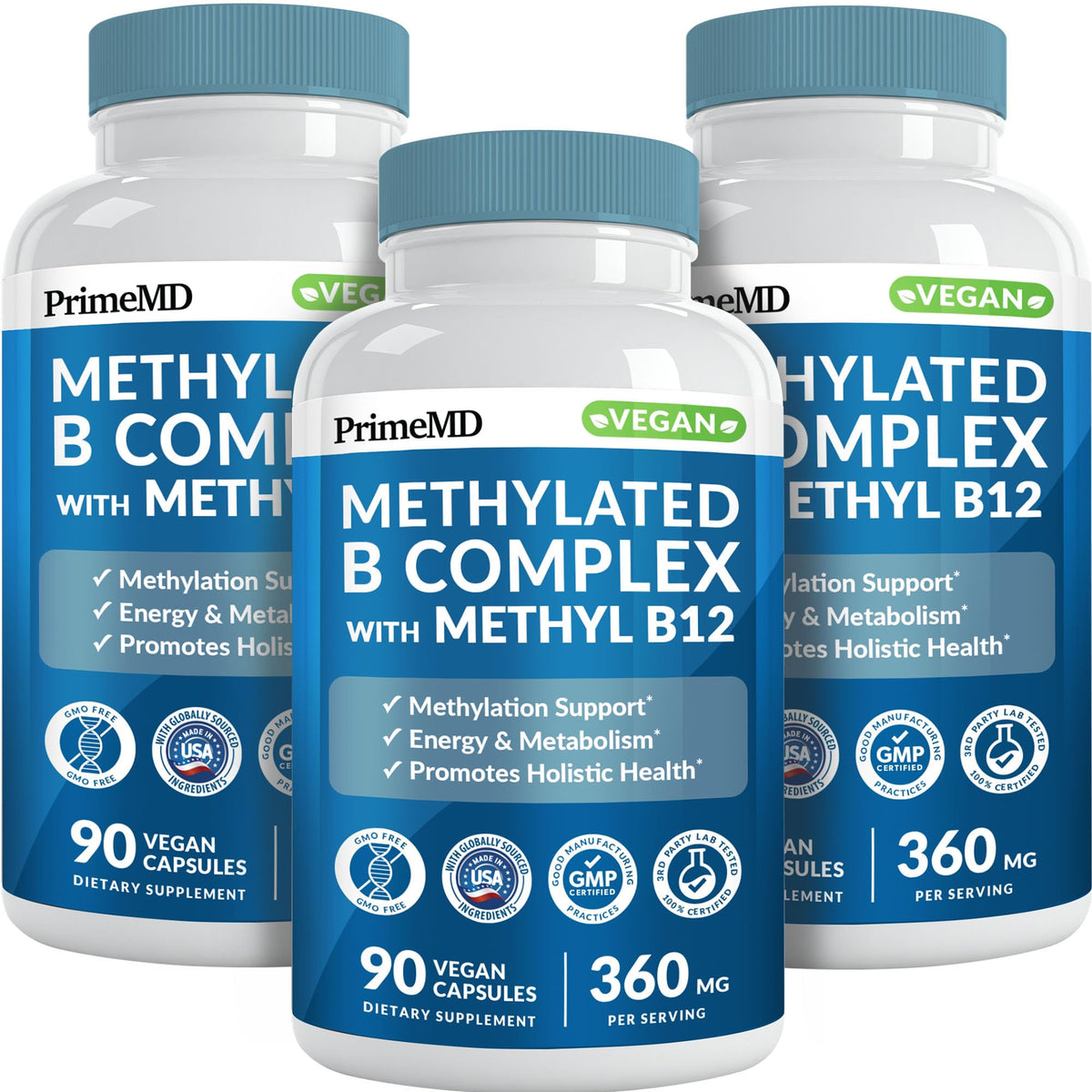 PrimeMD Methylated B Complex bottle label highlights high bioavailability.