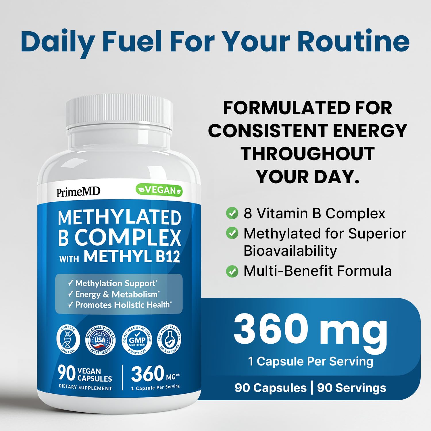 PrimeMD Methylated B Complex capsules closeup ready for daily use.