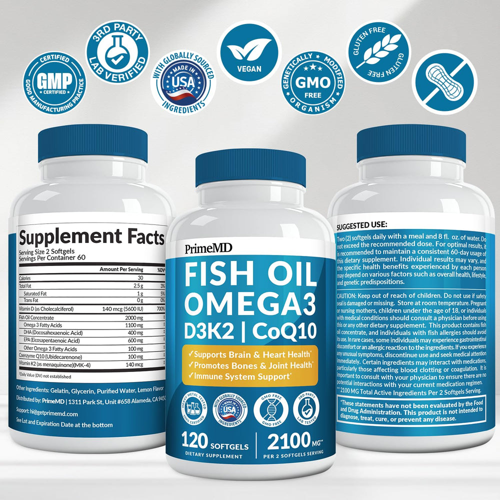 PrimeMD Lemon flavor label on bottle, inviting omega-3 intake.