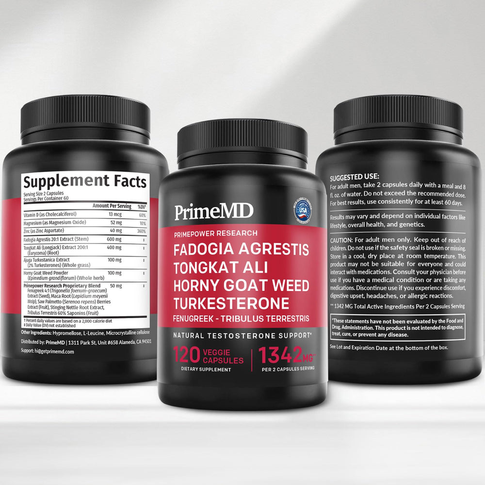 PrimeMD packaging and bottle arranged on a clean backdrop.