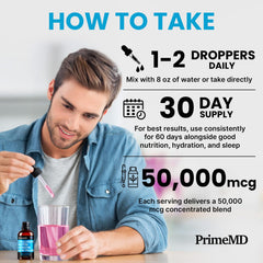 PrimeMD raspberry flavor liquid drops shown as tasty daily supplement.