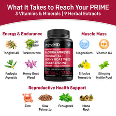 PrimeMD Turkesterone visual emphasizes stamina-friendly ingredients for workouts.