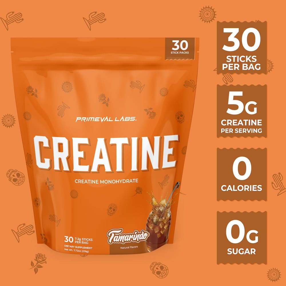 Primeval Labs 30-serving Tamarindo creatine showing convenient packaging