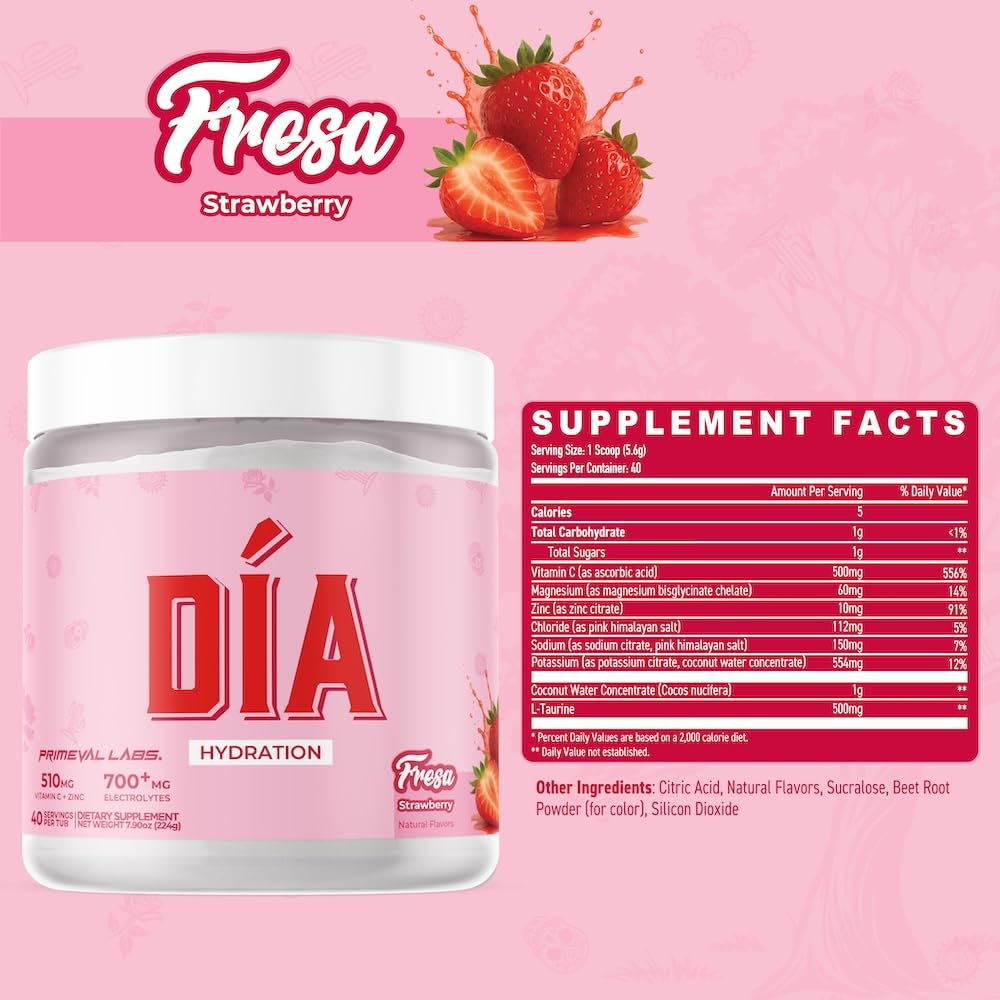Primeval Labs DIA Hydration strawberry powder tub ready for daily use.