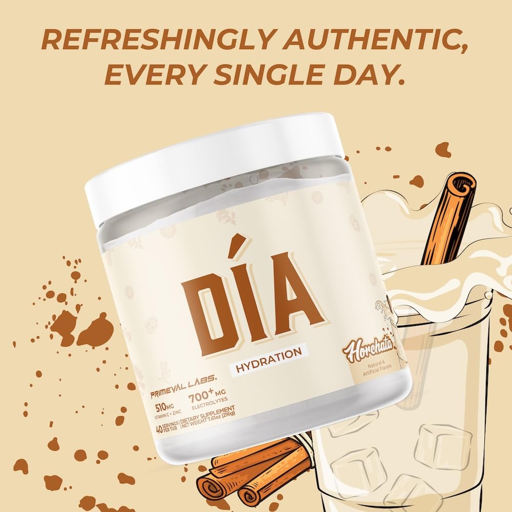 Primeval Labs DIA Hydration Horchata glass with ice highlights easy daily rehydration.