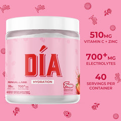 Glass shows strawberry DIA Hydration drink, refreshing and energizing.