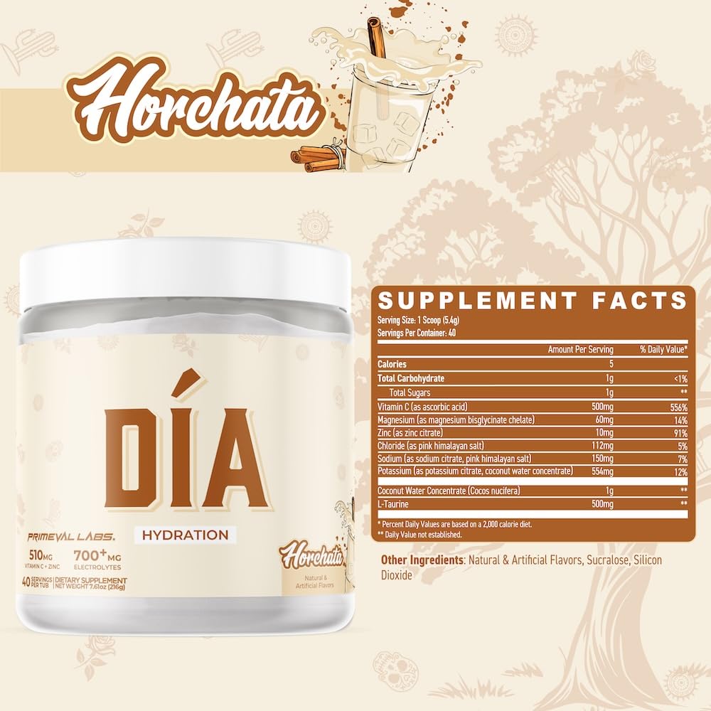 Primeval Labs DIA Hydration Horchata mixer ready to dissolve for on-the-go hydration.