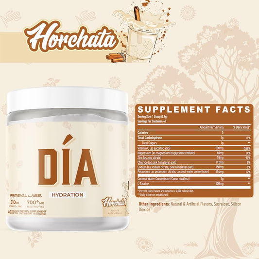 Primeval Labs DIA Hydration Horchata mixer ready to dissolve for on-the-go hydration.