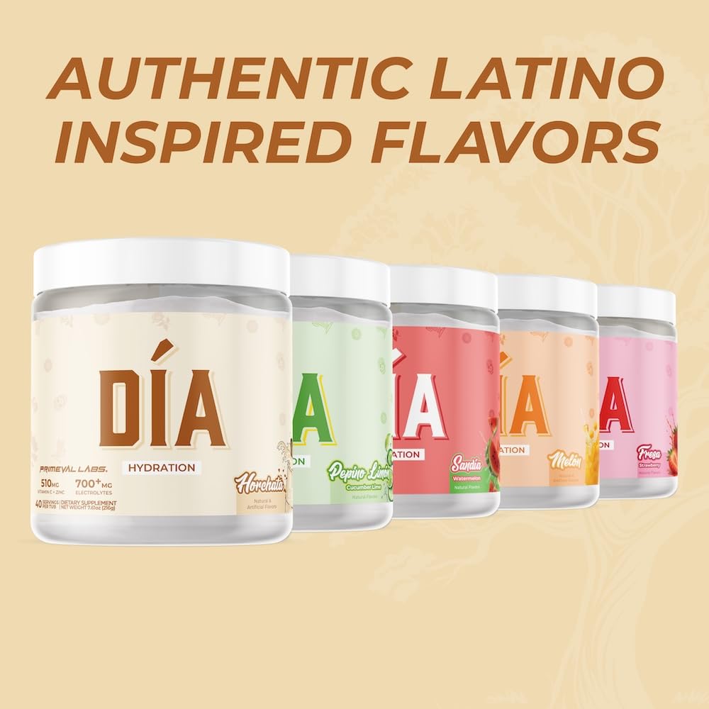 Primeval Labs DIA Hydration Horchata ingredients panel highlights electrolytes and vitamins.