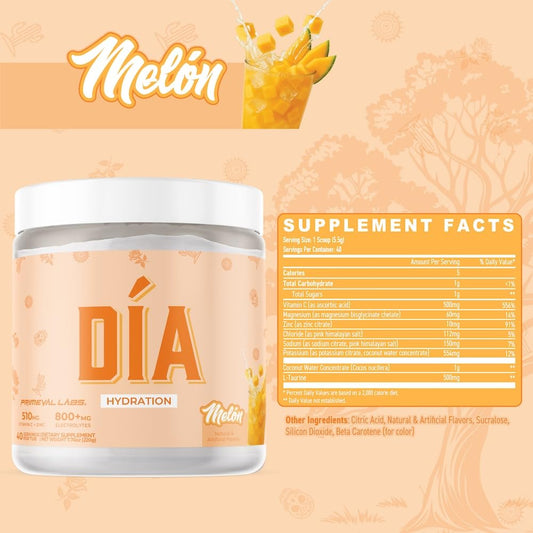 Primeval Labs DIA Melon hydration in a glass delivers electrolytes and a refreshing flavor.