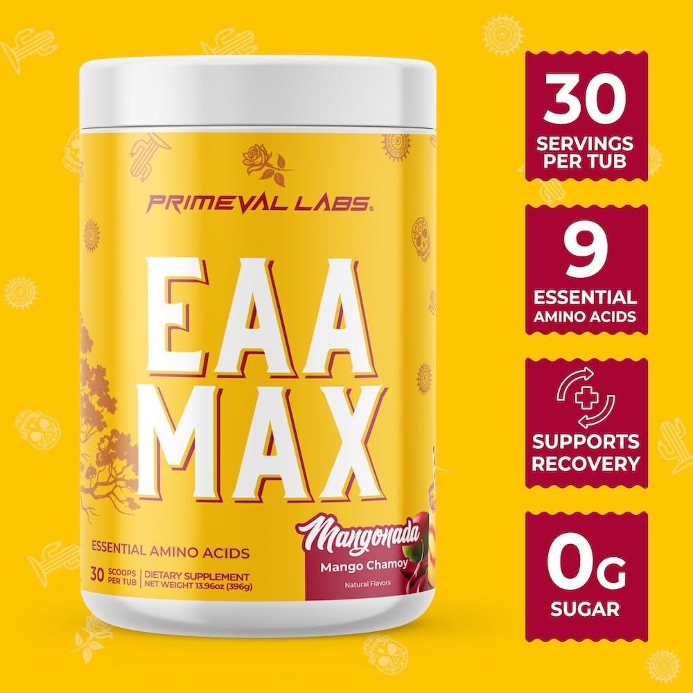 Close-up of Primeval Labs EAA Max Energy label highlighting amino acids