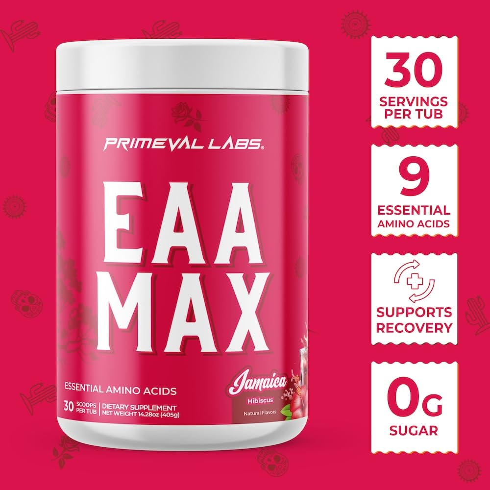 Primeval Labs EAA Max Energy label highlights the BCAA and EAA profile.