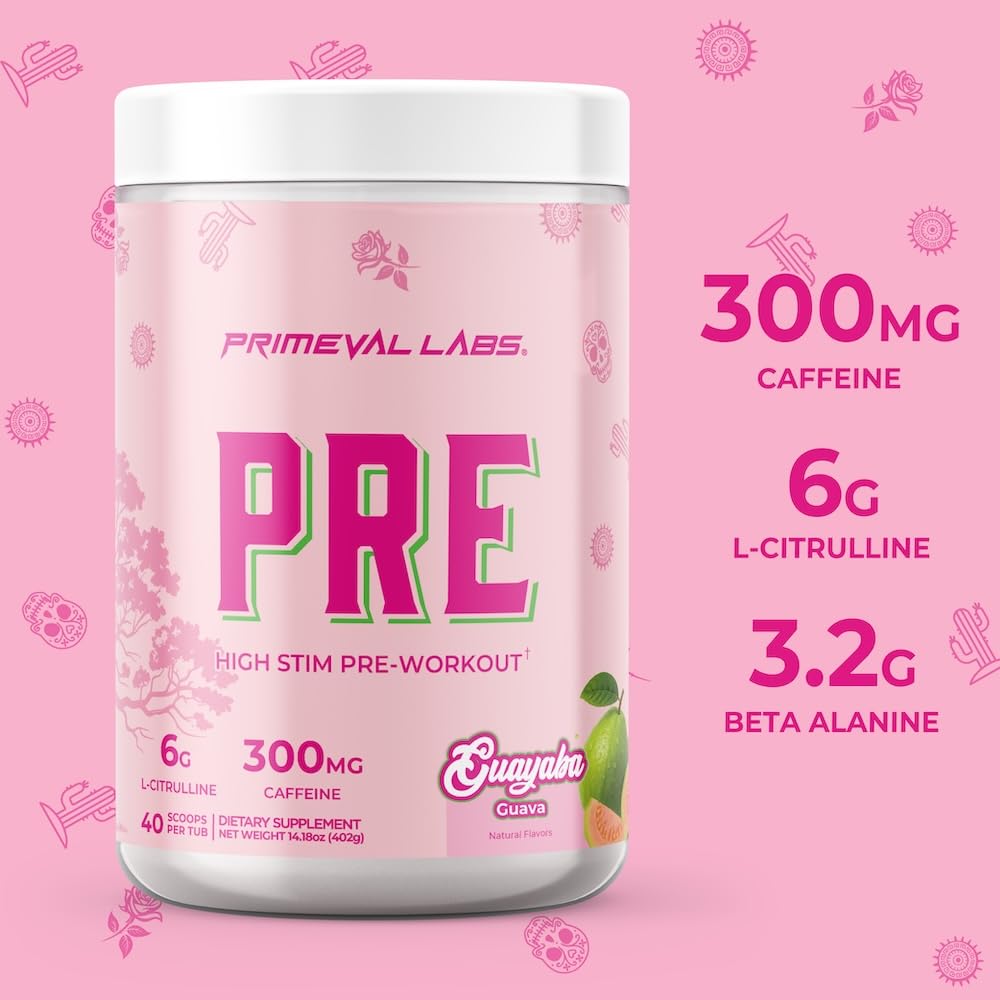 Primeval Labs PRE caffeine molecule graphic highlights high-energy support