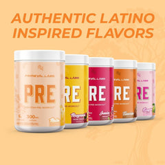 Primeval Labs PRE High-Stim packaging cites caffeine sources for energy