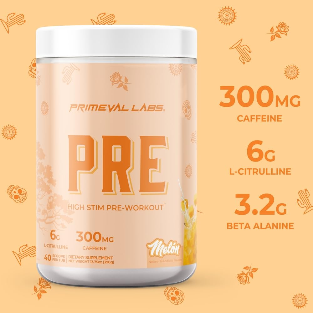 Primeval Labs PRE High-Stim scoop beside the tub highlights quick-use option