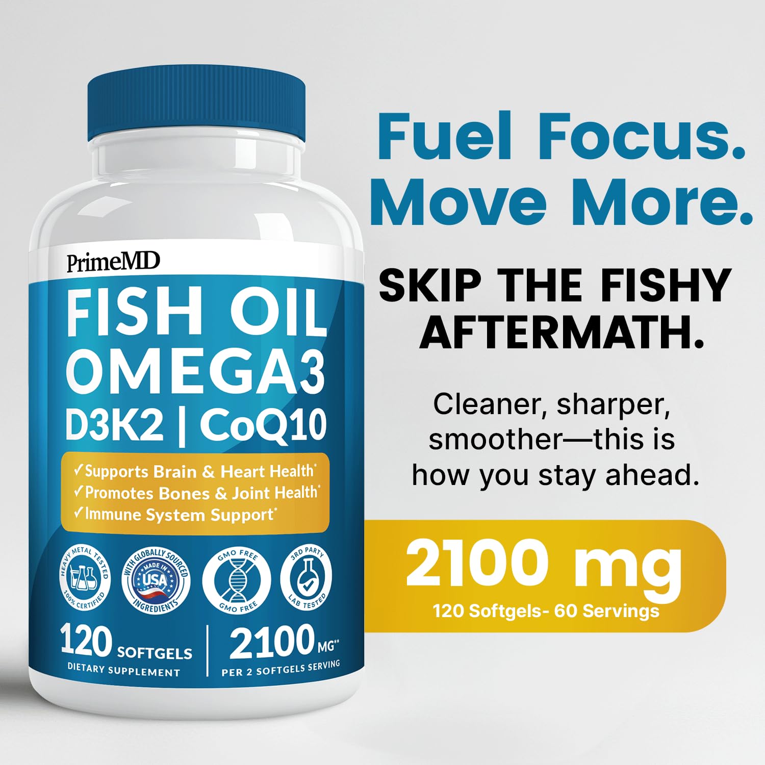 PrimeMD 5-in-1 Omega-3 lemon softgels label close-up highlighting lemon flavor.