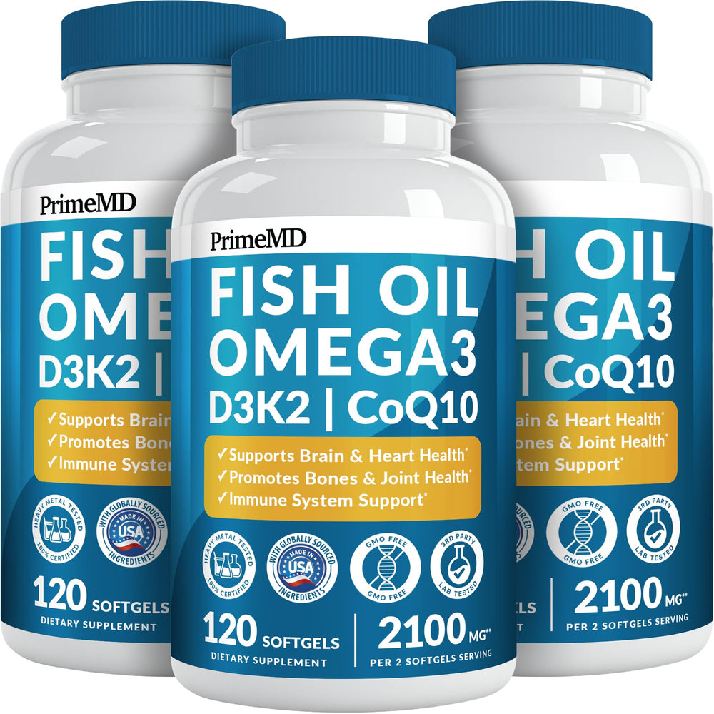 PrimeMD 5-in-1 Omega-3 lemon softgels front view for daily wellness.