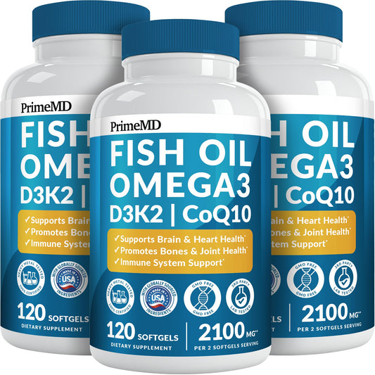 PrimeMD 5-in-1 Omega-3 lemon softgels front view for daily wellness.