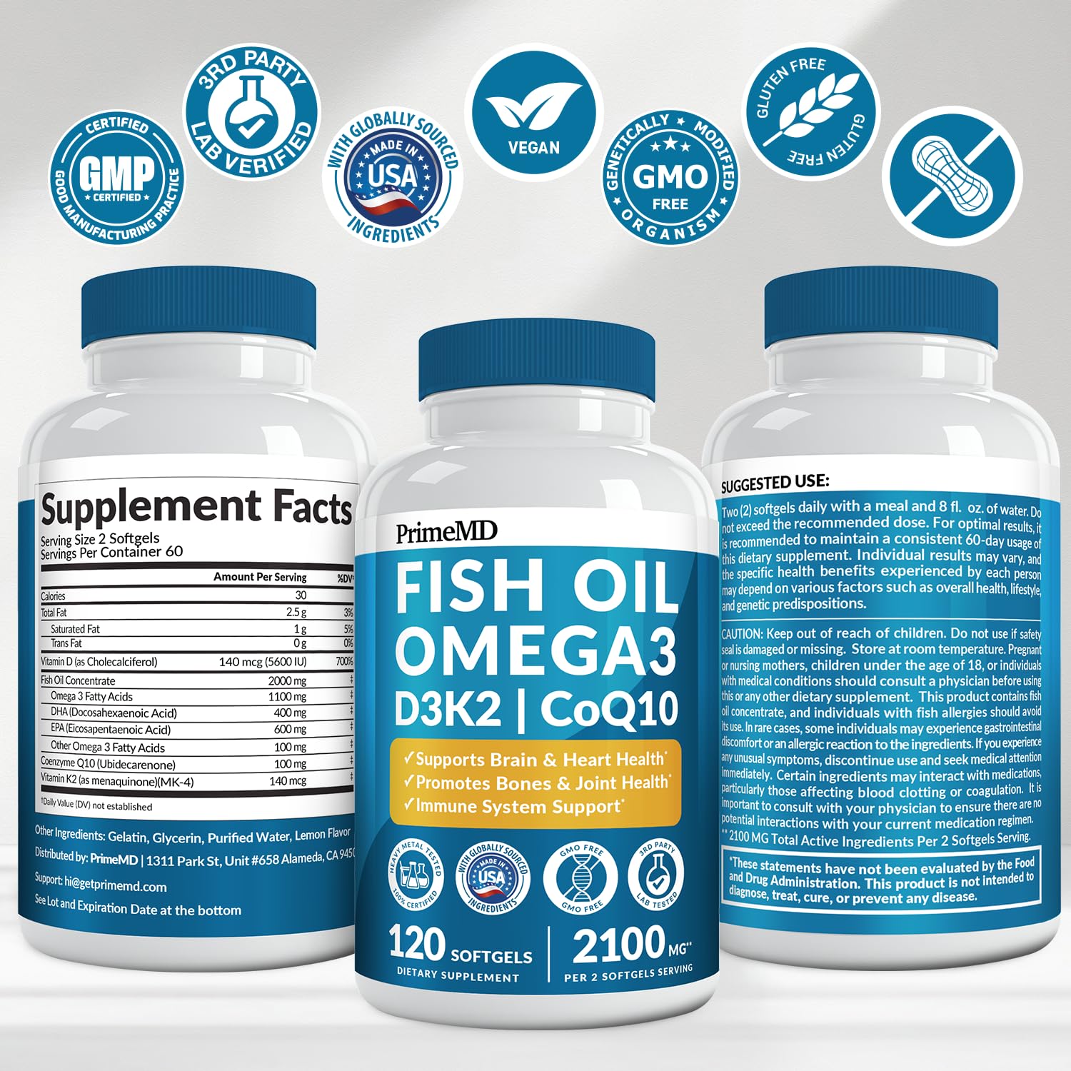 PrimeMD third-party tested omega-3 softgels bottle for safety.