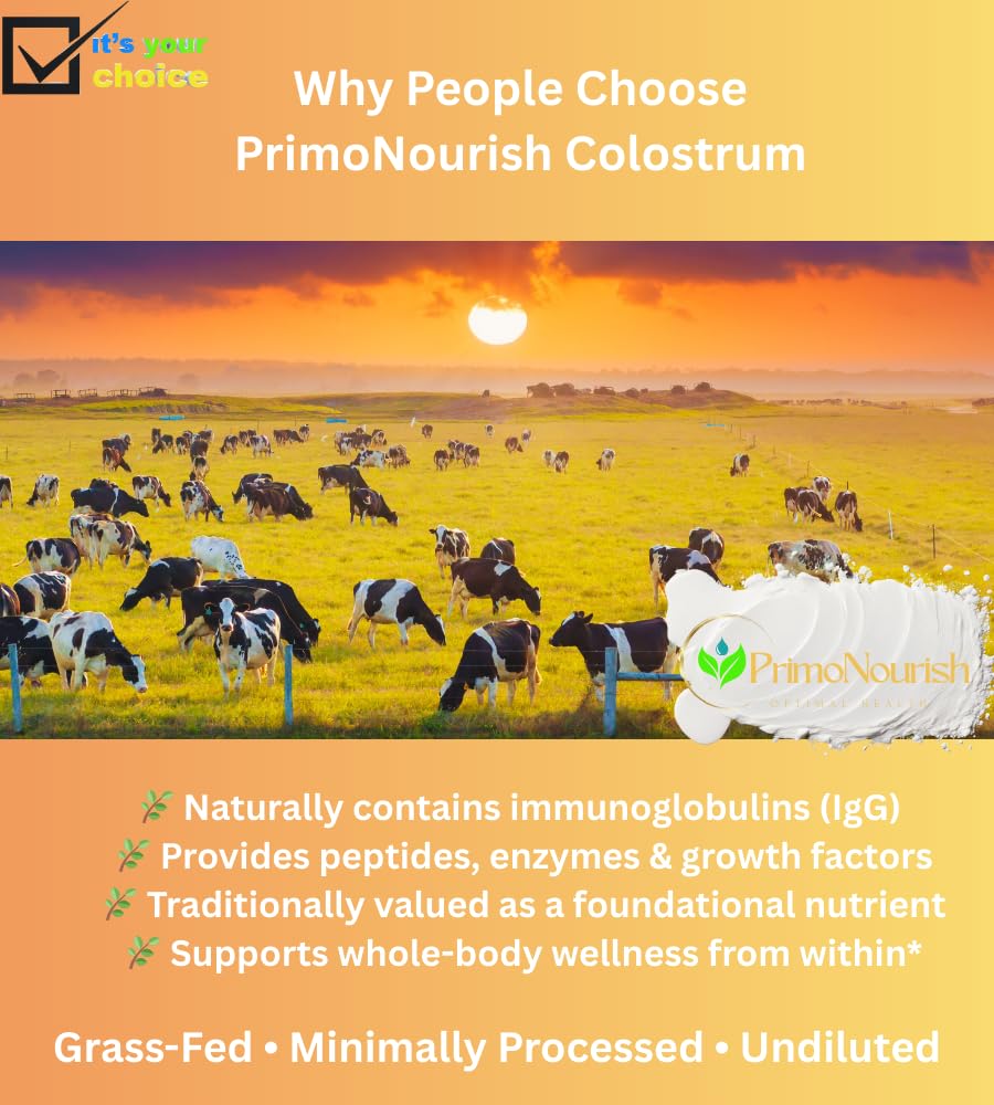 PrimoNourish colostrum powder pouring into coffee scene shows versatility.